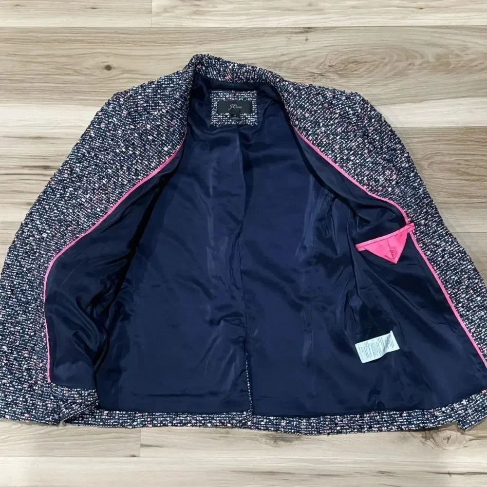 J Crew Going Out Blazer In Navy Blue/Pink Confetti Tweed Women’s 4